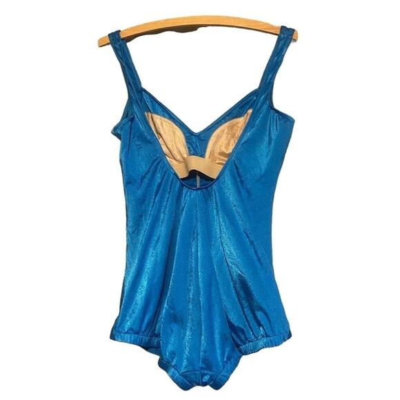 ROBBY LEN Vintage One Piece Aqua Blue Ruched Swimsuit, Size 18 - Picture 2 of 14